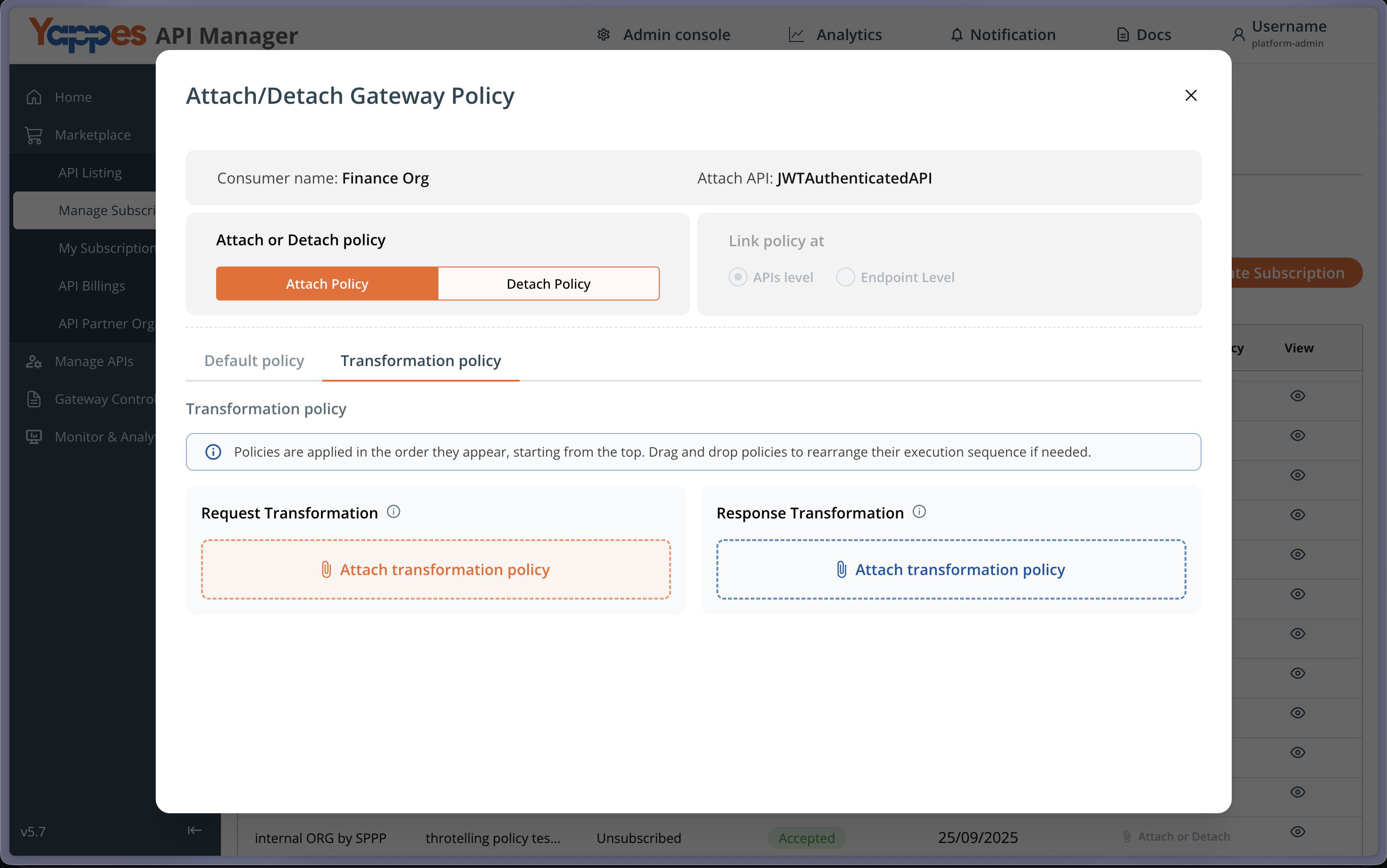Attach Transformation policy to subscription