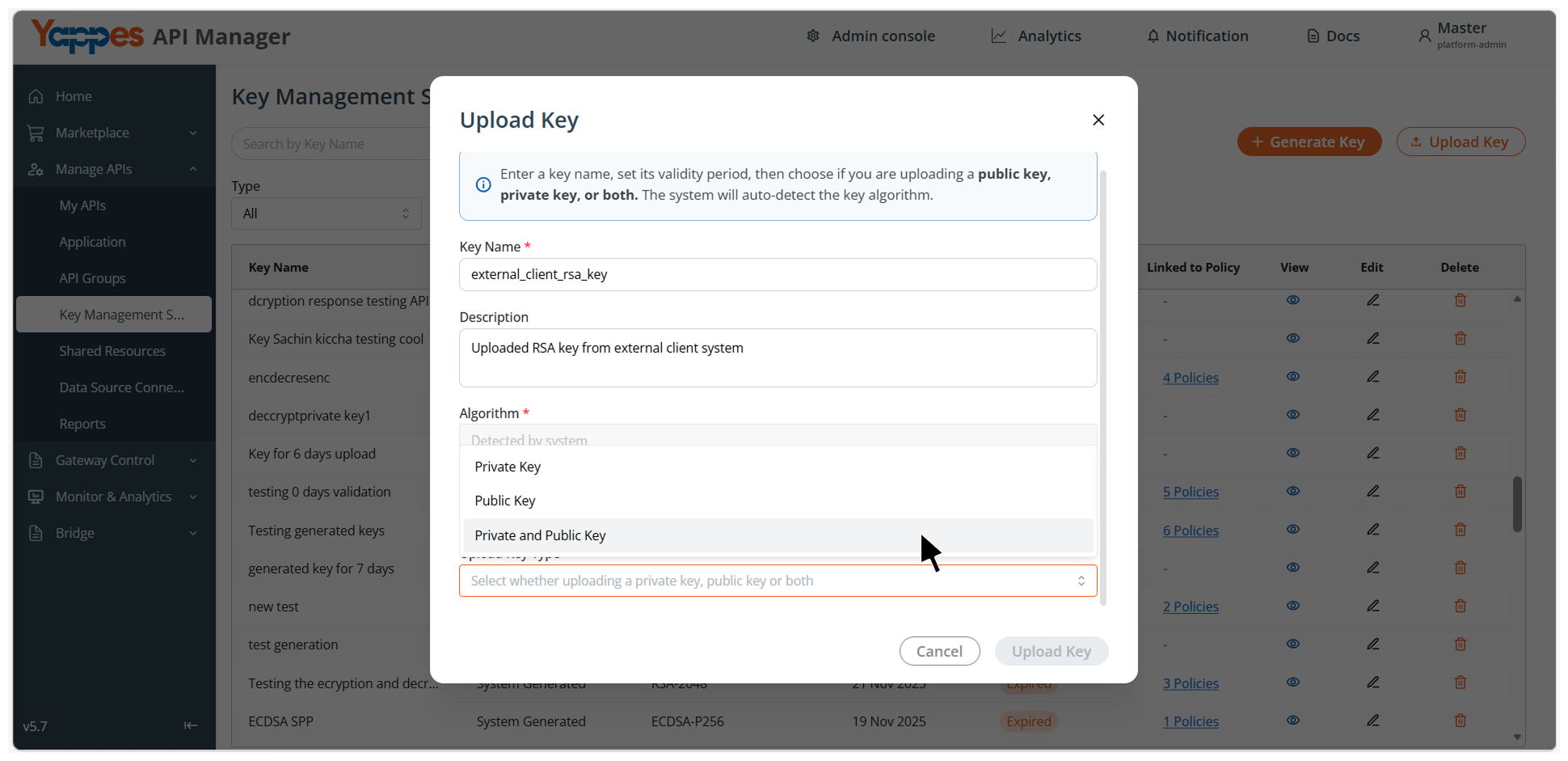 Select Upload Key Type